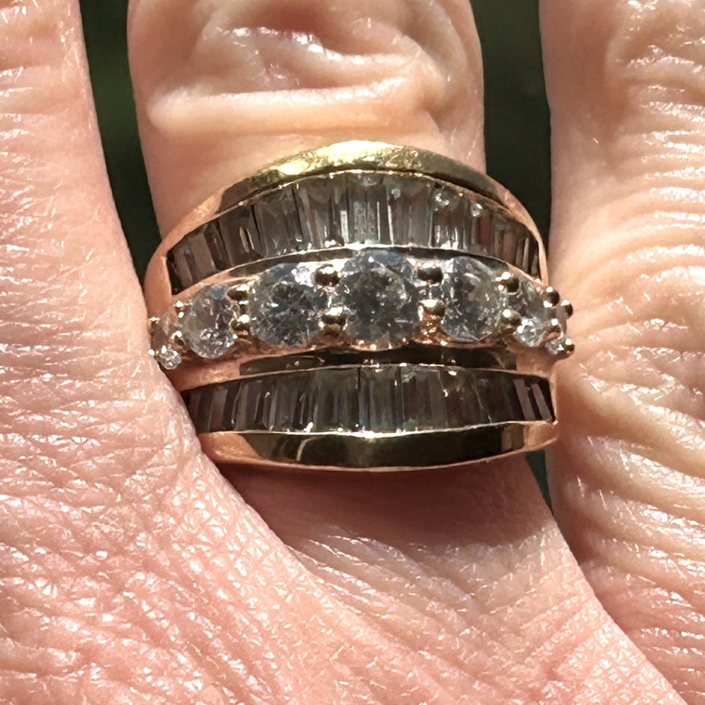 CZ Cocktail Ring with Round and Baguette stones gold plated